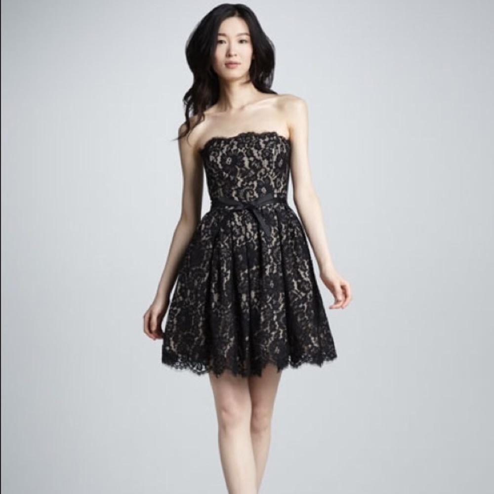 Strapless nude/black lace party dress